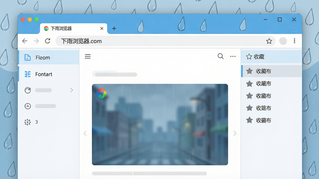 主体:下雨浏览器软件主界面展示,布局:左侧为简洁的标签栏和地址栏,中间为网页内容区,右侧为收藏夹侧边栏,排版:干净整洁,功能图标清晰,风格:现代扁平化设计,细节:界面以浅蓝色和白色为主色调,窗口边缘有雨滴状装饰,地址栏显示