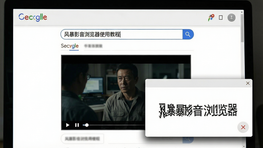 主体:电脑屏幕上,一个正在播放纪录片的悬浮小窗口悬停在一个搜索引擎页面之上。布局:悬浮窗位于屏幕右下角,搜索引擎页面占据主屏幕,搜索框内有“风暴影音浏览器 使用教程”字样。排版:悬浮窗边缘有阴影效果,突出层级感。风格:实用主义,简洁明了。细节:悬浮窗上有播放进度条和关闭按钮。画质:高清,干净,无多余元素。图片中文字:“风暴影音浏览器”