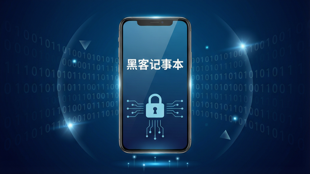画面主体为一部现代智能手机悬浮在半空,屏幕亮起显示“黑客记事本”五个大字,下方是简洁的加密锁图标与数据流线条,背景为深蓝色科技感渐变,周围环绕半透明二进制数字与几何光效,布局居中对称,排版清爽,风格偏向极简科技风插画,细节包括屏幕边缘微光反射与底部细小光点,画质高清干净无多余元素