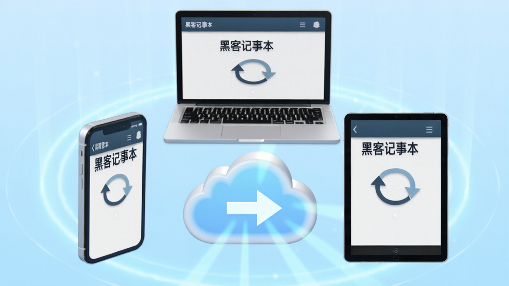 画面主体为三个设备(手机、笔记本、平板)围绕一个发光云朵图标排列,每个设备屏幕均显示“黑客记事本”界面与同步箭头,背景为浅蓝色科技光晕,布局呈三角形构图,排版均衡,风格为2.5D渲染,细节包括设备屏幕高光与云朵光线柔和,画质纯净无多余元素