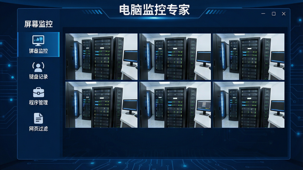 主体为电脑监控专家软件主界面,背景为深蓝色科技感风格,界面中央显示多屏预览网格,左侧为功能导航栏,包含屏幕监控、键盘记录、程序管理、网页过滤等模块图标,界面顶部有软件名称“电脑监控专家”字样,布局清晰,排版整齐,风格现代简洁,细节丰富,画质干净,无多余元素。