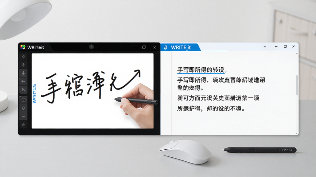 主视觉图,展示WRITEit软件在Windows桌面上的应用场景,左侧为手写输入区域,右侧为转换后的文本输出,背景为浅灰色工作台,有鼠标和触控笔摆放,整体风格简洁明亮,突出“手写即所得”的核心理念,画质高清,干净无多余元素