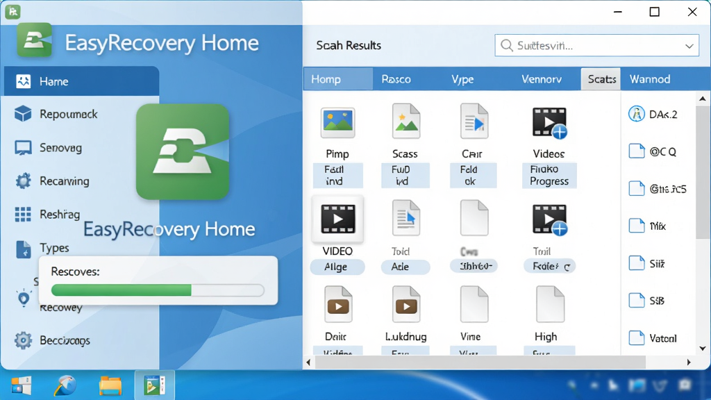 主体:EasyRecovery Home软件主界面截图,电脑桌面显示绿色图标与恢复进度条;布局:左侧功能导航栏,右侧扫描结果列表;排版:界面简洁,按钮大而清晰;风格:现代化扁平设计,蓝白主色调;细节:文件类型图标包括照片、文档、视频;画质:高清,干净,无多余元素,图片中文字标注
