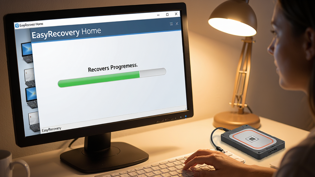 主体:用户正在电脑上操作EasyRecovery Home,屏幕显示恢复进度条;布局:左侧为电脑,右侧为外接移动硬盘;排版:动作自然,界面清晰;风格:写实摄影风格,暖色灯光;细节:软件界面显示