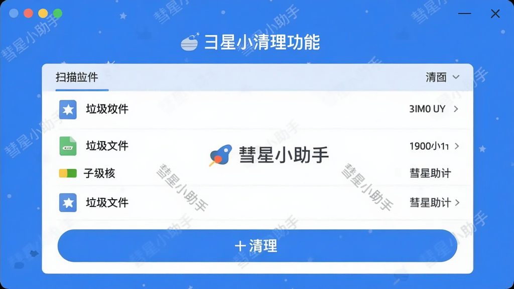 主体:彗星小助手清理功能界面,布局:中间显示扫描出的垃圾文件列表与清理按钮,排版:列表清晰,按钮醒目,风格:清爽扁平化,蓝色主调,细节:文件类型分类展示,带有“彗星小助手”水印,画质:细腻,干净,无多余元素