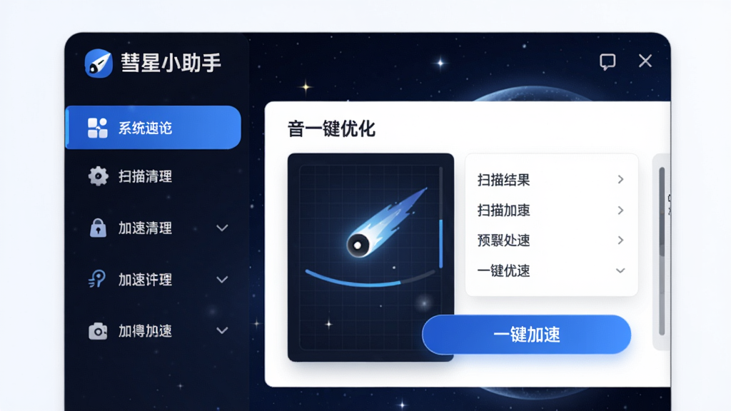 主体:彗星小助手主界面,展示系统清理与加速功能,布局:左侧功能栏,右侧为扫描结果与一键优化按钮,排版:清晰分区,标题突出,风格:现代简洁,蓝白配色,细节:界面带有“彗星小助手”LOGO与“一键加速”文字,画质:高清,干净,无多余元素