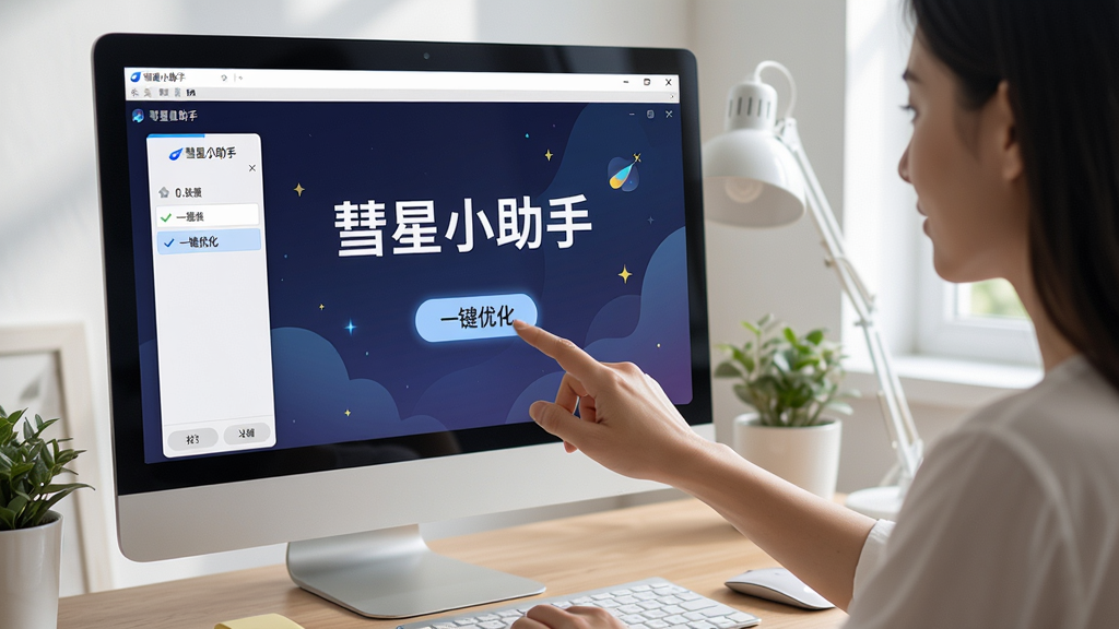 主体:用户正在电脑前操作彗星小助手,布局:屏幕显示软件主界面,人物手指点击“一键优化”按钮,排版:场景化,突出软件界面,风格:写实摄影风格,干净明亮,细节:软件名称“彗星小助手”清晰可见,画质:高清,无多余元素