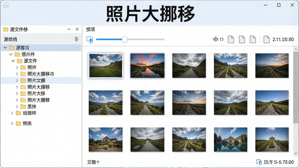照片大挪移软件主界面预览图,主体为简洁明亮的软件操作窗口,布局清晰展示左侧源文件夹目录树与右侧照片缩略图网格,窗口顶部有醒目的软件名称“照片大挪移”字样,排版规整,风格为现代扁平化UI设计,细节处显示拖拽进度条与文件计数,画质高清干净,无多余元素