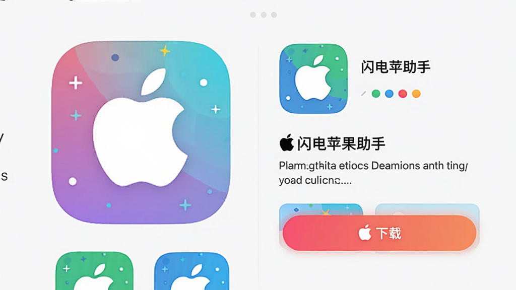 一张展示闪电苹果助手应用下载页面的图片,左侧为应用图标列表,右侧为应用详情与下载按钮,界面色彩丰富,按钮醒目,背景为浅灰色,整体风格清爽整洁,画质清晰,无多余元素,图片中带有“闪电苹果助手”文字
