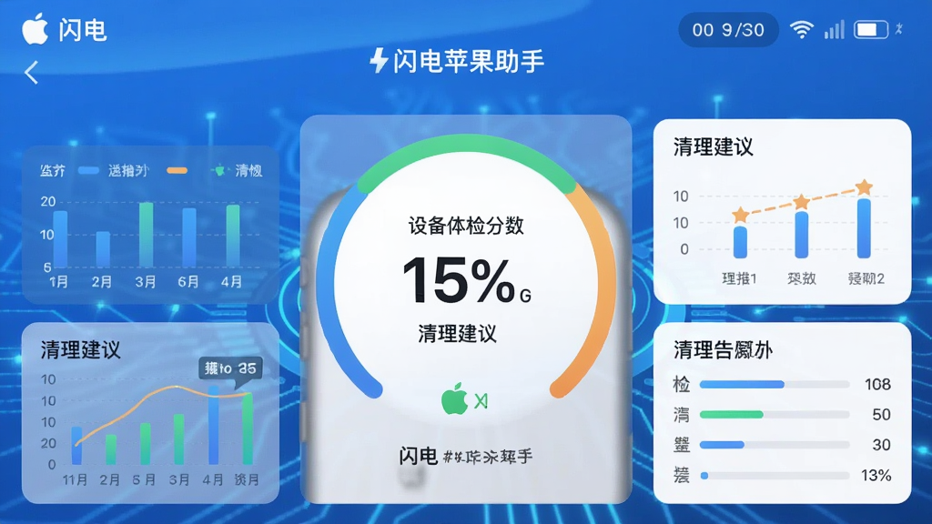 一张展示闪电苹果助手设备体检功能的截图,界面中央显示设备体检分数与清理建议,背景为科技蓝,数据图表清晰,整体风格专业,画质高清,无多余元素,图片中带有“闪电苹果助手”字样