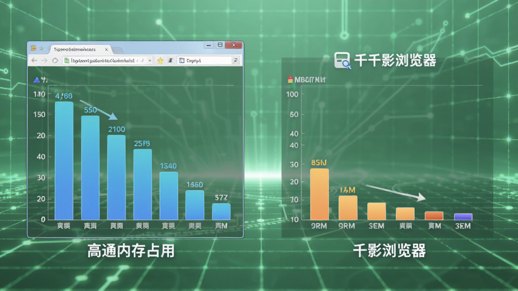 千影浏览器性能优化功能示意图,画面左侧为普通浏览器的高内存占用柱状图,右侧为千影浏览器的低占用柱状图,背景为淡绿色科技网格,对比鲜明,高清渲染,干净无多余元素