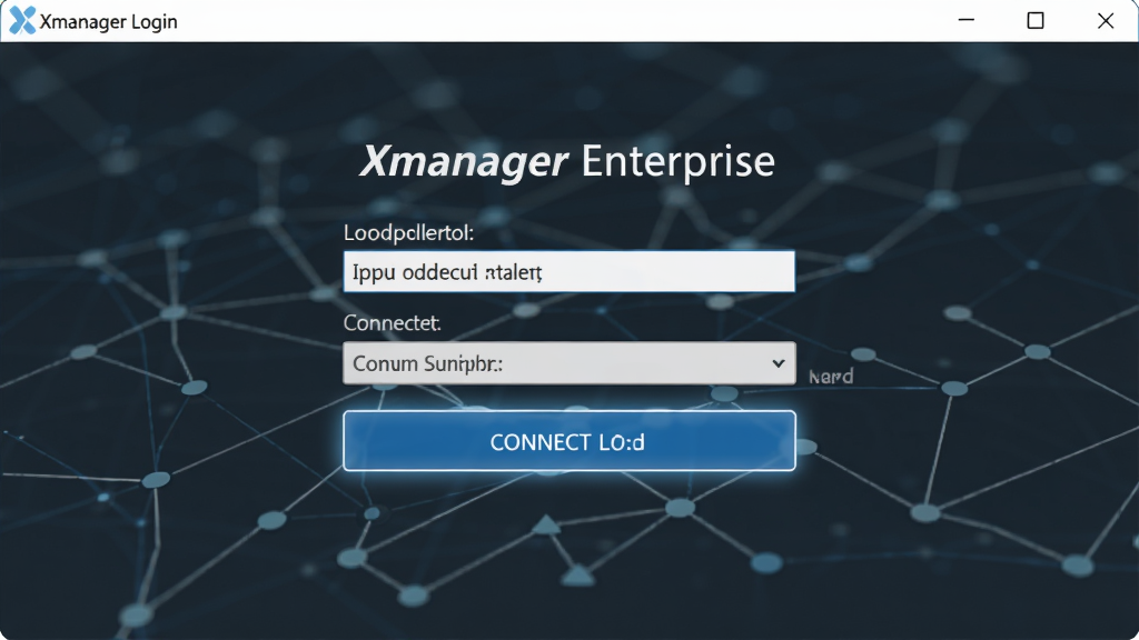 Xmanager Enterprise 企业版软件登录界面,输入主机地址和端口,连接按钮高亮,背景为网络拓扑线条,风格简约专业,画质干净,无多余元素