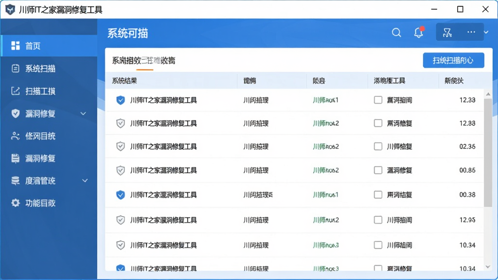图片描述:川师IT之家漏洞修复工具主界面预览图,左侧为功能导航栏,右侧显示系统扫描结果列表,界面以蓝白配色为主,布局清晰,风格简洁现代,画质干净,无多余元素,突出“川师IT之家漏洞修复工具”软件名称。
