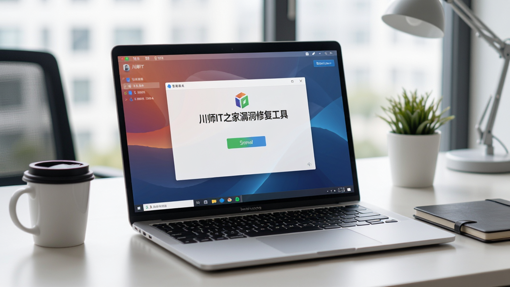 图片描述:川师IT之家漏洞修复工具在笔记本电脑上运行的实拍图,屏幕显示修复完成界面,周围环境为办公桌,整体色调明亮,画质干净。