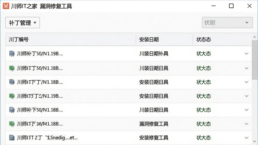 图片描述:川师IT之家漏洞修复工具的补丁管理界面,展示已安装补丁的列表,每条记录包含补丁编号、安装日期和状态,界面以白色为底色,表格样式清晰,画质干净。