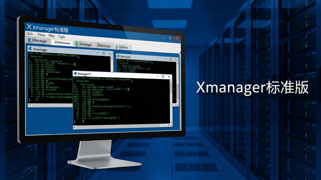 主体:一台现代化的Windows电脑屏幕中显示Xmanager标准版软件界面,界面中多个SSH会话标签页整齐排列,背景是深蓝色的科技感服务器机房。布局:电脑位于画面中央偏左,软件界面放大展示,右侧留白用于放置文字。排版:界面中清晰显示