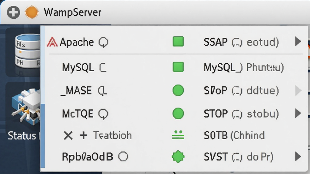 一张WampServer系统托盘菜单的放大截图,菜单中清晰显示Apache、MySQL、PHP等服务的启动停止选项,以及绿色的在线状态指示,界面干净整洁,UI元素排列有序,现代软件截图风格,高分辨率,画质清晰,无多余元素