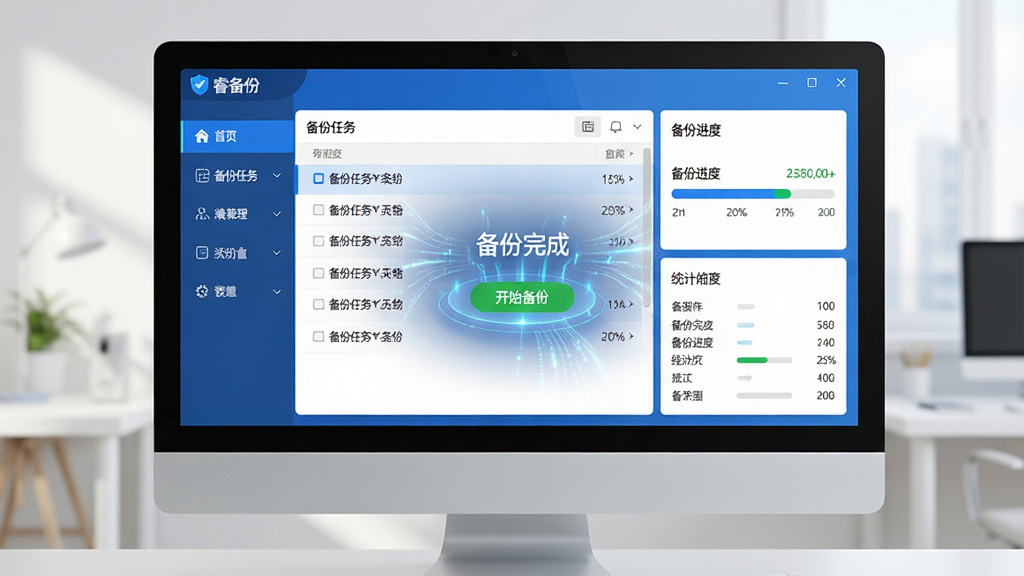 主体:电脑屏幕前显示的“睿备份”软件主界面,界面清晰展示备份任务列表与绿色“开始备份”按钮。布局:主界面居中,左侧为功能导航栏,右侧为备份进度条与统计信息。排版:界面元素排列整齐,功能区块分明。风格:现代简约科技风,蓝色与白色为主色调。细节:屏幕中显示“备份完成”字样,周围有数据流动的光效。画质:高清,干净,无多余元素。