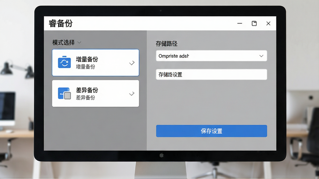 主体:电脑屏幕展示“睿备份”增量备份设置界面,显示“增量备份”与“差异备份”选项。布局:界面左侧为模式选择列表,右侧为存储路径设置。排版:选项以卡片形式排列,下方有“保存设置”按钮。风格:简洁商务风,灰色与蓝色搭配。细节:卡片上有小图标区分两种模式。画质:高清,干净,无多余元素。