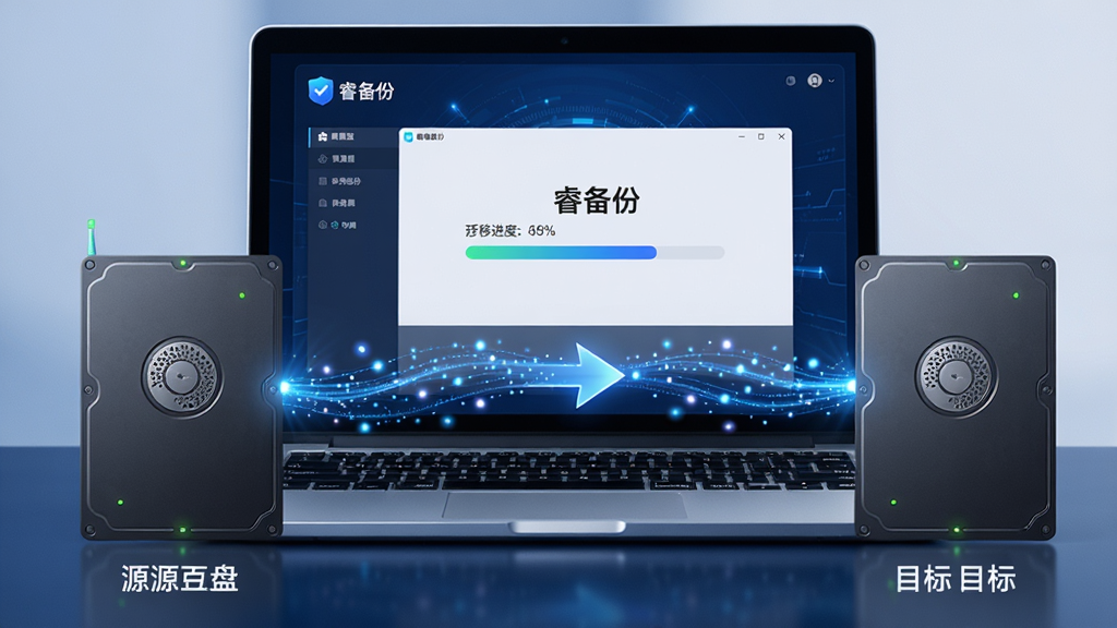 主体:一台笔记本电脑与一块新硬盘,中间有数据流动的虚拟连接线,屏幕显示“睿备份”系统迁移界面。布局:左侧为源硬盘,右侧为目标硬盘,中间有箭头指示。排版:界面简洁,显示迁移进度百分比。风格:科技感,深蓝色背景,亮色线条。细节:数据流带有光点,硬盘上有小指示灯。画质:高清,干净,无多余元素。