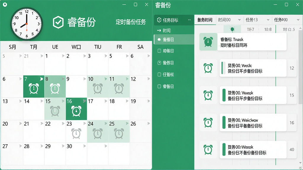 主体:日历时钟与“睿备份”软件界面结合,显示定时备份任务列表。布局:左侧为日历,右侧为任务时间轴。排版:每个任务项显示时间与备份目标。风格:扁平化设计,绿色与白色主色调。细节:任务项带有闹钟图标,日历上有高亮标记。画质:高清,干净,无多余元素。