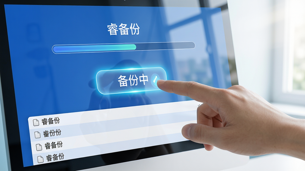 主体:一只手正在点击电脑屏幕上的“睿备份”一键备份按钮。布局:手部位于屏幕右侧,屏幕左侧显示备份进度条。排版:屏幕中央显示“备份中”状态,下方有文件列表滚动。风格:写实风格,光线明亮,蓝白配色。细节:按钮带有发光效果,屏幕反射出柔和光泽。画质:高清,干净,无多余元素。
