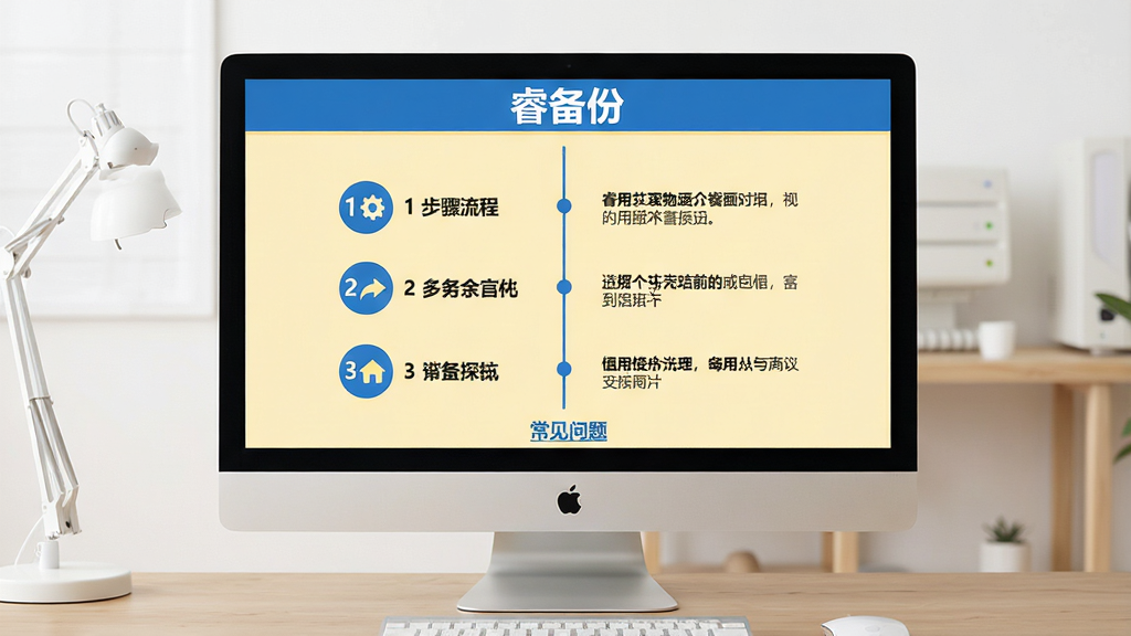 主体:电脑屏幕显示“睿备份”使用教程界面,包含步骤流程图。布局:左侧为步骤编号,右侧为对应说明文字。排版:步骤以垂直时间轴排列。风格:教学风格,浅黄色背景,蓝色文字。细节:每个步骤前有图标,底部有“常见问题”链接。画质:高清,干净,无多余元素。