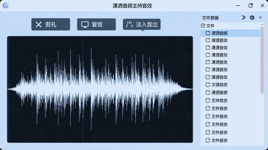 展示“潇洒音频主持音效”的自定义编辑窗口,中央为波形图,上方有剪切、复制、淡入淡出按钮,右侧为文件列表,背景为浅蓝色,风格简洁专业,画质清晰,无多余元素。