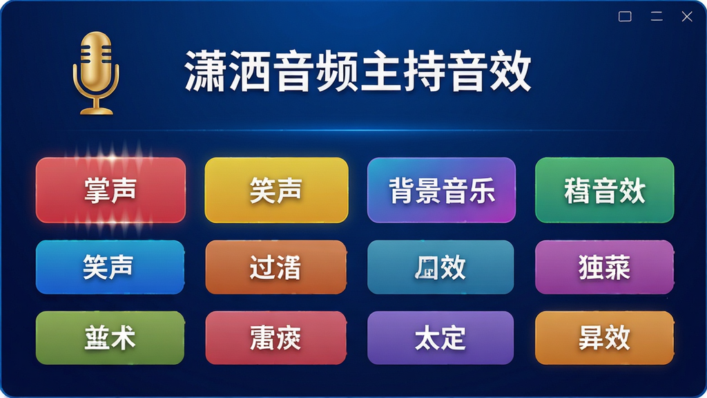 画面中央展示“潇洒音频主持音效”软件主界面,界面以深蓝色渐变为主色调,顶部显示软件名称和金色麦克风图标,下方排列整齐的彩色音效按钮,每个按钮标注“掌声”、“笑声”、“背景音乐”等字样,整体布局简洁明快,风格现代且充满活力,细节丰富,画质清晰干净,无多余元素。