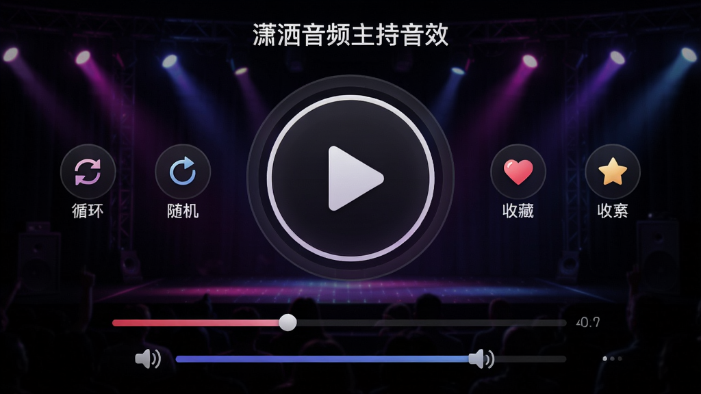 展示“潇洒音频主持音效”的播放控制界面,一个大大的圆形播放按钮位于中央,周围环绕着“循环”、“随机”、“收藏”等小图标,下方有进度条和音量滑块,背景为深色舞台风格,带有彩色灯光效果,整体视觉冲击力强,画质细腻,无多余元素。