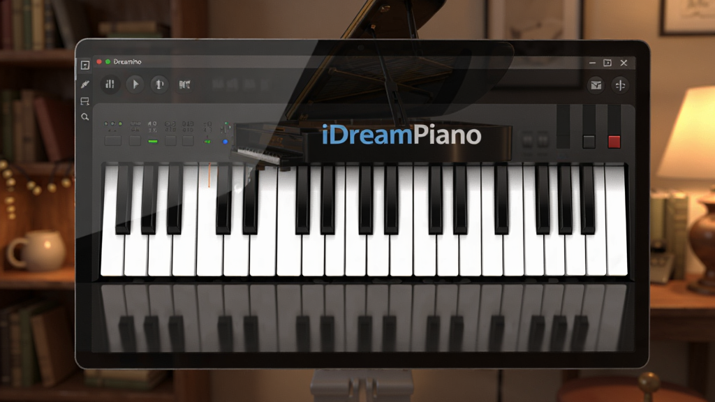 主体为电脑屏幕中显示的iDreamPiano模拟钢琴软件界面,键盘区域高亮显示,背景是温馨的暖色调书房,布局为软件界面居中特写,排版简洁,风格为写实3D渲染,细节包括屏幕反光和琴键倒影,画质高清,画面干净无多余元素