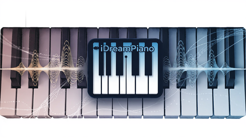 主体为音波与钢琴键盘结合的抽象艺术图,中央悬浮iDreamPiano模拟钢琴的LOGO,布局为横向宽幅,排版具有音乐律动感,风格为科技感插画,细节包括细腻的音波纹理,画质高清,画面干净无多余元素