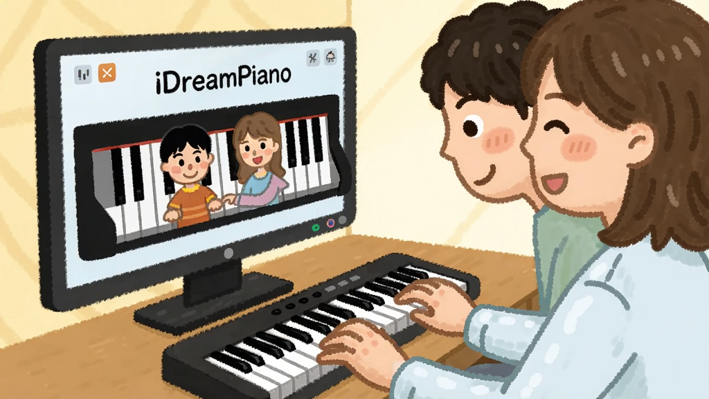 主体为两个人坐在电脑前共同使用一副键盘弹奏的画面,屏幕中显示iDreamPiano模拟钢琴双人合奏界面,布局为侧面视角,排版温馨,风格为手绘插画,细节包括人物微笑表情和键盘上的手指动作,画质干净,无多余元素