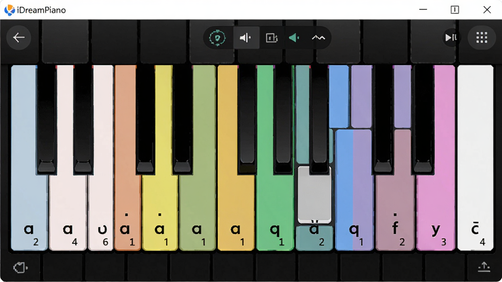 主体为iDreamPiano模拟钢琴软件的键位映射设置界面,界面中键盘图示用彩色高亮区分音区,布局为软件窗口截图,排版规整,风格清新简洁,细节包括按键上的音符标记,画质清晰,画面干净无多余元素