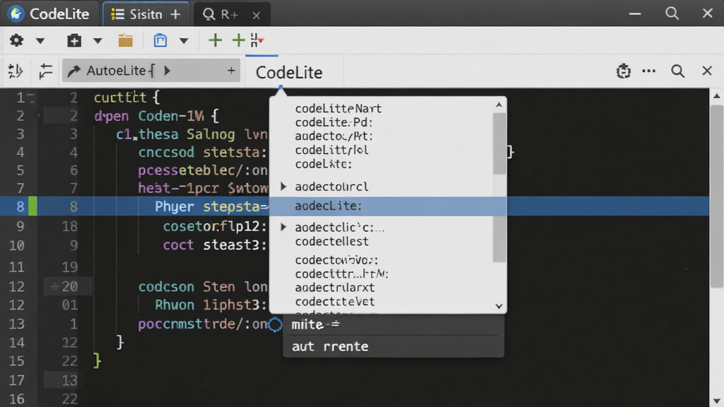 主体为 CodeLite 代码编辑器特写,展示多光标同时编辑代码,屏幕中央有自动补全下拉列表。布局为编辑器全屏,左侧行号,顶部标签页。风格清爽明亮,细节高亮显示当前编辑行。画质锐利,干净无多余元素,界面中突出
