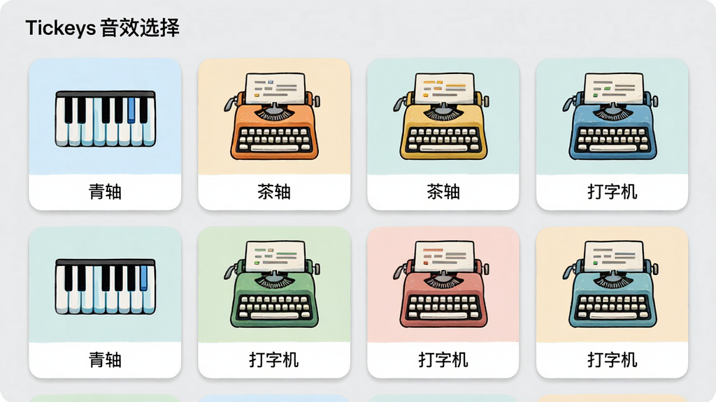 主体:Tickeys音效选择界面,布局:界面中央排列多个音效卡片,每个卡片上有对应的键盘或打字机图标,排版:网格状分布,风格:清新插画风,细节:每个卡片下方标注“青轴”“茶轴”“打字机”等字样,背景为浅灰色,画质:高清,干净,无多余元素