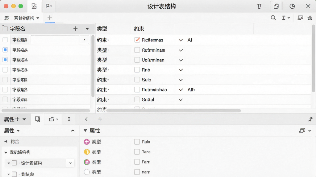 主体:表结构编辑界面,布局:字段列表上方、属性面板下方,排版:左右分栏,风格:清爽简洁,细节:显示字段名、类型、约束选项,画质:高清,干净,无多余元素,文字:“设计表结构”