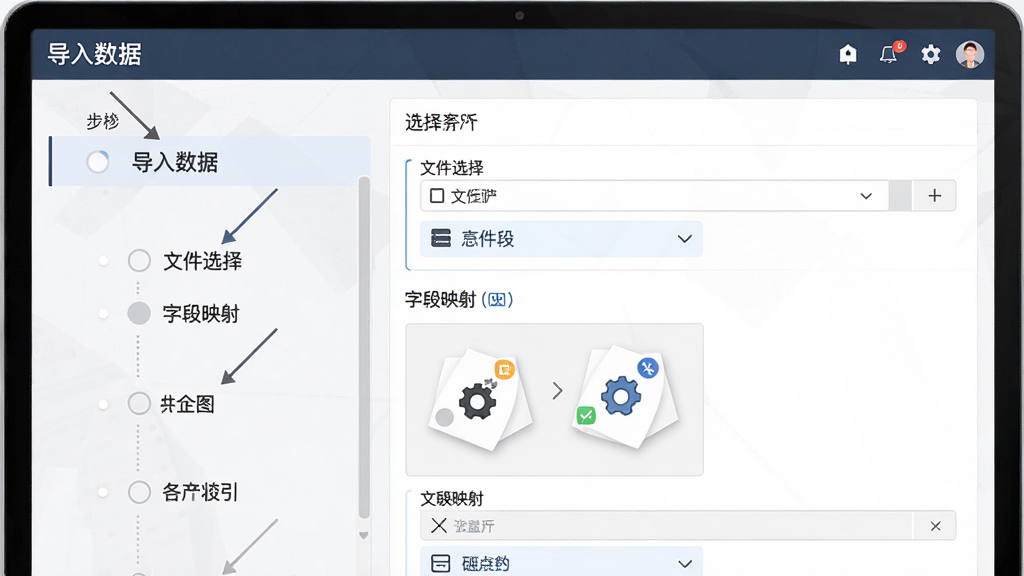 主体:数据导入向导界面,布局:左侧步骤列表、右侧设置选项,排版:向导式设计,风格:简洁商务,细节:显示文件选择、字段映射选项,画质:高清,干净,无多余元素,文字:“导入数据”