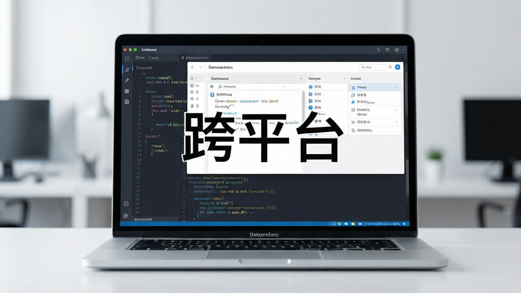 主体:软件运行在笔记本电脑上,布局:电脑居中,代码背景,排版:简洁,风格:科技感,细节:屏幕显示数据库界面,画质:高清,干净,无多余元素,文字:“跨平台”