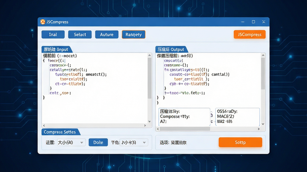 主体:一款名为“JSCompress”的软件界面,居中显示,背景为深蓝色科技感界面。布局:主窗口上方为工具栏,左侧为原始代码输入区,右侧为压缩后代码输出区,底部为压缩选项设置面板。排版:界面整洁,按钮排列有序,代码区域使用等宽字体。风格:现代扁平化设计风格,色彩以蓝白为主,搭配少量橙色高亮。细节:输出区显示压缩前后的文件大小对比,压缩按钮为醒目的橙色。画质:高清,干净,无多余元素。