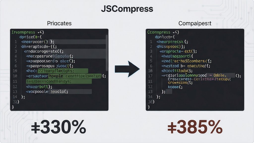 主体:显示“JSCompress”软件中压缩算法的对比效果图,左侧为原始代码,右侧为压缩后代码,中间用箭头连接。布局:左右对称,底部有压缩率百分比标识。排版:代码块清晰,压缩率数字大而醒目。风格:简约科技风,背景浅灰。细节:原始代码中高亮显示被移除的空格和注释,压缩后代码高亮显示保留的关键词。画质:高清,干净,无多余元素。