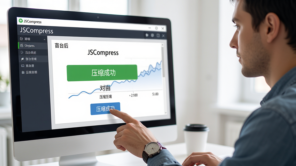 主体:一位开发者正在使用“JSCompress”软件,屏幕上显示压缩前后对比数据。布局:人物位于画面右侧,左侧为电脑屏幕特写,屏幕上有“JSCompress”界面。排版:画面整洁,主体突出。风格:写实风格,室内光线明亮。细节:人物手指点击压缩按钮,屏幕上显示“压缩成功”字样。画质:高清,干净,无多余元素。