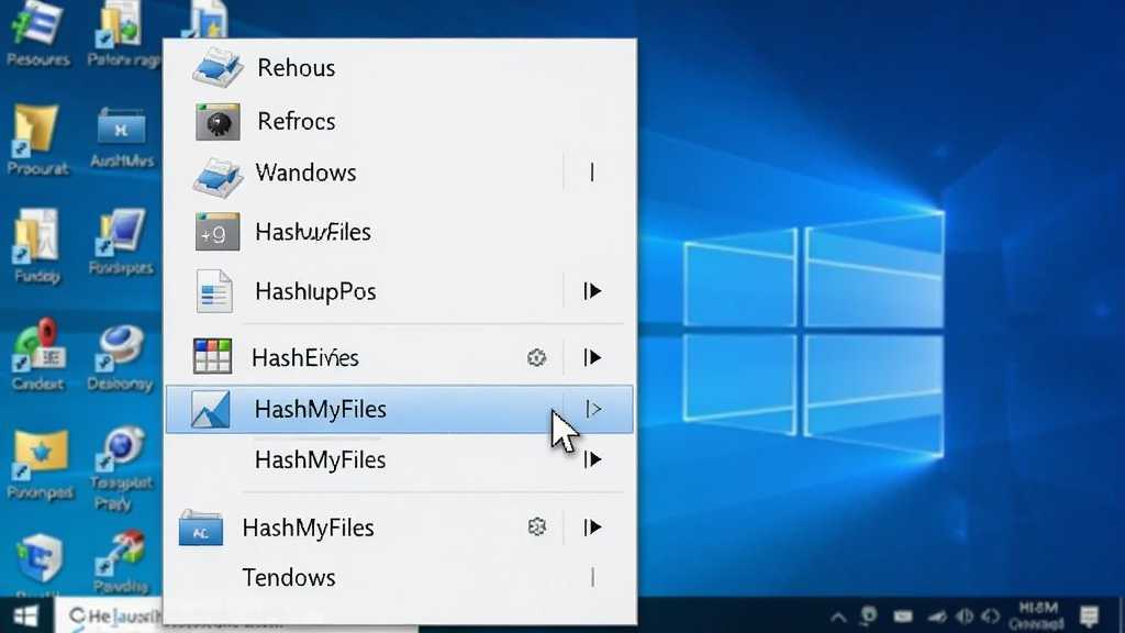 画面主体为Windows资源管理器右键菜单弹出场景,菜单项中突出显示“HashMyFiles”选项,背景为桌面壁纸,鼠标指针悬停在菜单项上,风格写实,布局为垂直菜单列表,细节包含菜单图标、文件图标,画质干净,无多余元素