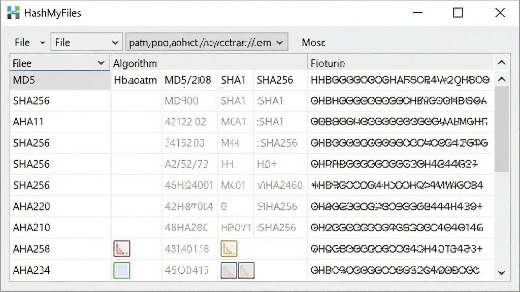 画面主体为“HashMyFiles”软件运行界面,显示一个文件同时计算出的MD5、SHA1、SHA256多个哈希值结果,表格形式排列,每行一个算法名称对应一个哈希字符串,布局整齐,背景为浅灰色窗口,风格写实,细节包含文件路径、算法标签、哈希值字体等,画质干净,无多余元素