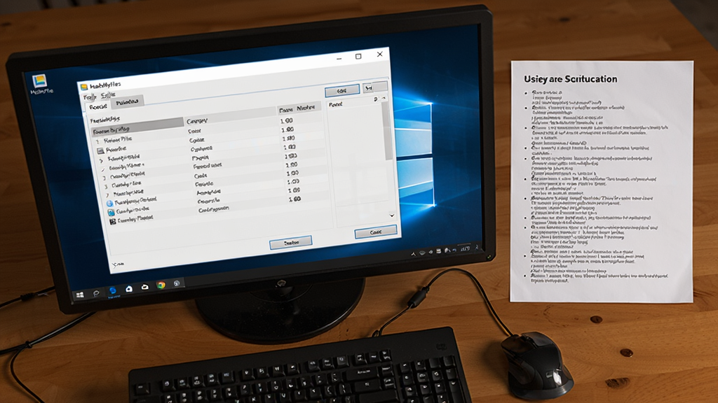 画面主体为“HashMyFiles”软件运行在Windows桌面上的场景,电脑屏幕显示软件窗口和计算结果,旁边有一张使用说明纸质文档,布局为俯拍视角,风格写实,细节包含键盘、鼠标、桌面光影,画质清晰干净,无多余元素
