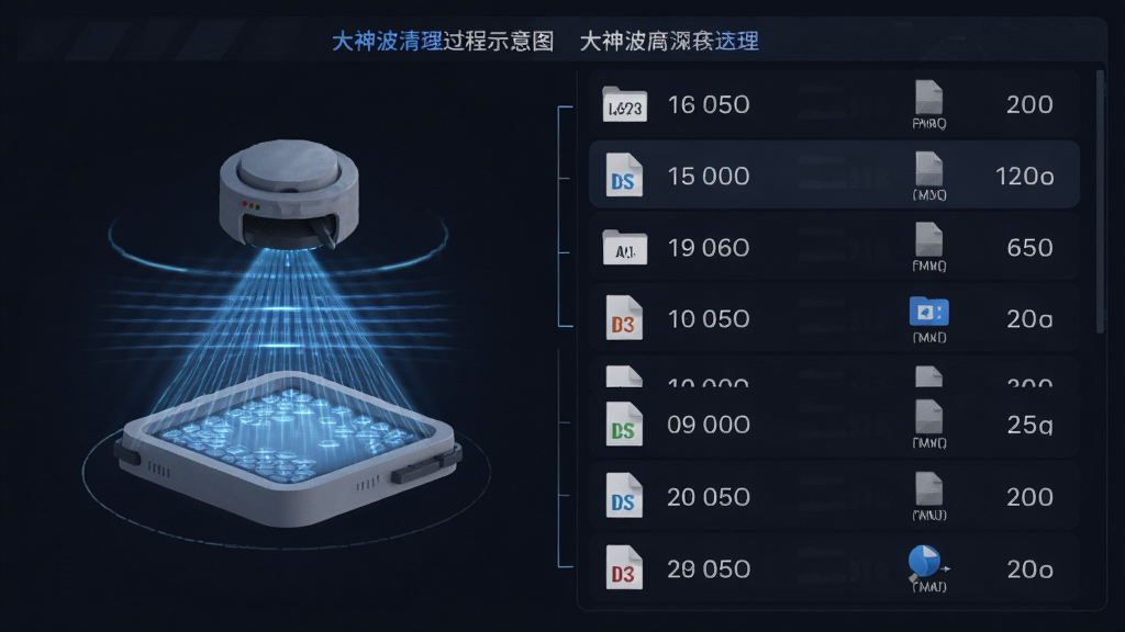大神波深度清理过程示意图,主体为扫描动画和文件列表,布局为列表式,排版整齐,风格现代,细节显示文件大小和类型图标,画质高清,无多余元素