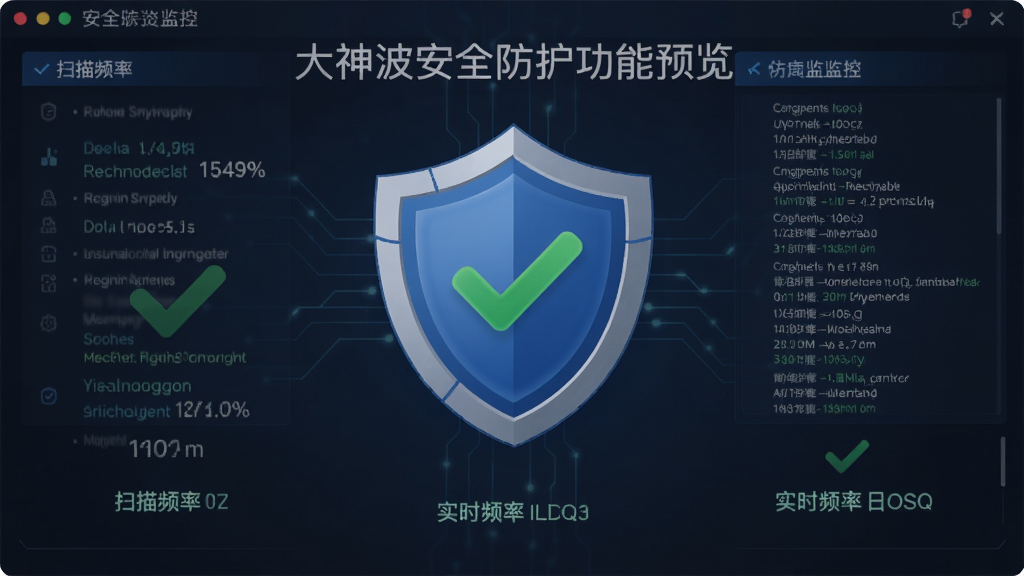 大神波安全防护功能预览,主体为防护盾牌图标和实时监控日志,布局居中对称,排版简洁,风格安全可靠,细节包含绿色对勾和扫描频率,画质干净无多余