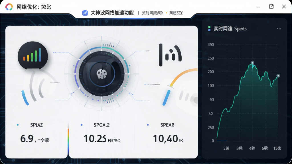 大神波网络加速功能界面,主体为网络优化仪表盘和实时网速曲线,布局为左右分栏,排版大气,风格科技感强,细节包含信号强度图标和速度数字,画质清晰干净