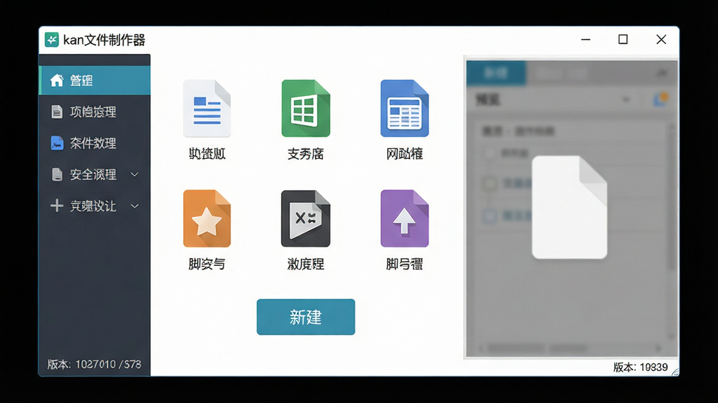 主体:kan文件制作器软件主界面,展示一个简洁明亮的窗口,窗口中包含多个文件类型图标(如文档、表格、网页、脚本)和“新建”按钮。布局:界面中央大图标排列,左侧为功能导航栏,右侧为预览区域。排版:图标均匀分布,标题栏显示“kan文件制作器”字样。风格:现代扁平化设计,色彩清新。细节:每个图标下方有中文标签,窗口角落有版本号。画质:高分辨率,干净,无多余元素
