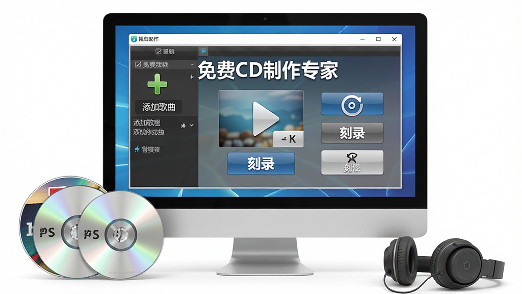 画面主体为“免费CD制作专家”软件主界面,展示在电脑屏幕上,屏幕前摆放着几张刻录好的光盘和耳机。布局为中心对称,软件界面清晰显示“添加歌曲”、“刻录”等按钮,排版整洁。风格为写实3D渲染,细节丰富,画质高清,干净无多余元素。